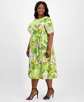 Kasper Plus Printed Tie-Waist Midi Dress