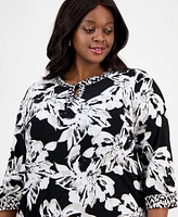 Kasper Plus Printed 3/4-Sleeve Twist-Neck Blouse
