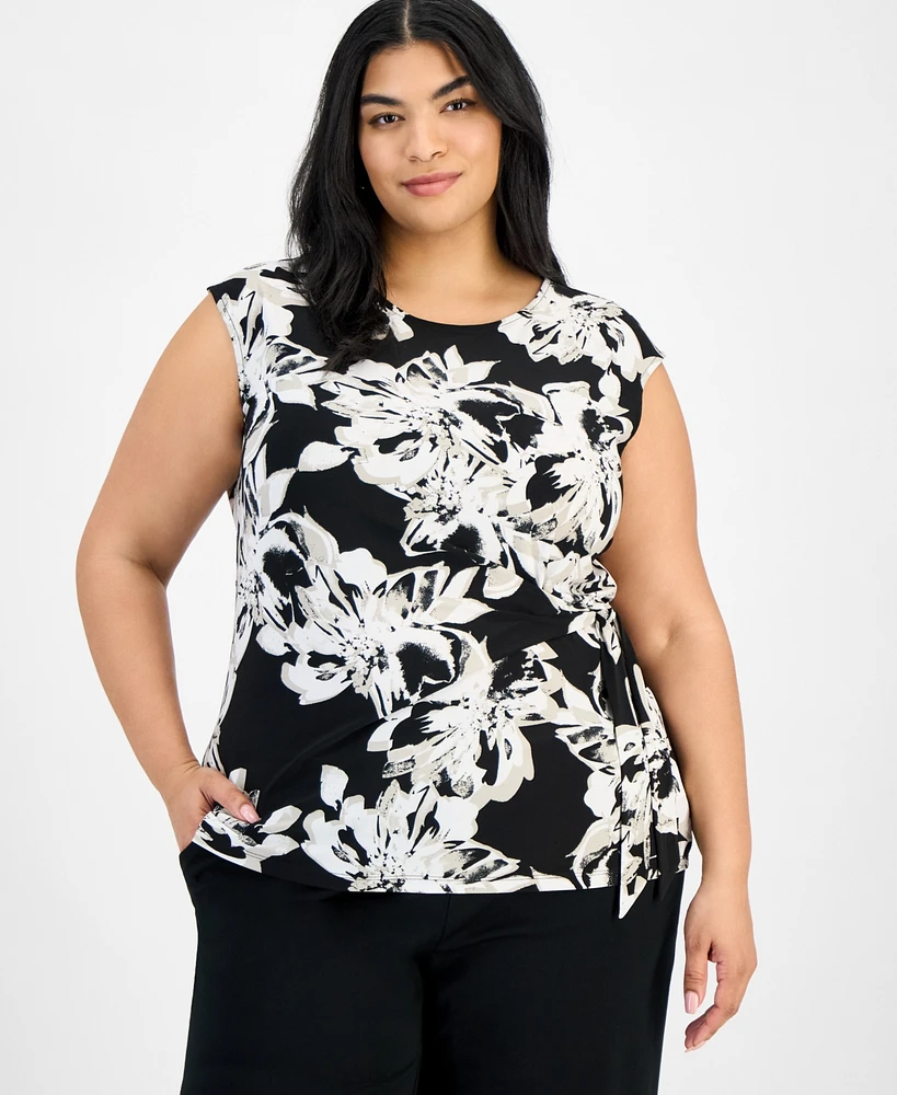 Kasper Plus Printed Cap-Sleeve Blouse