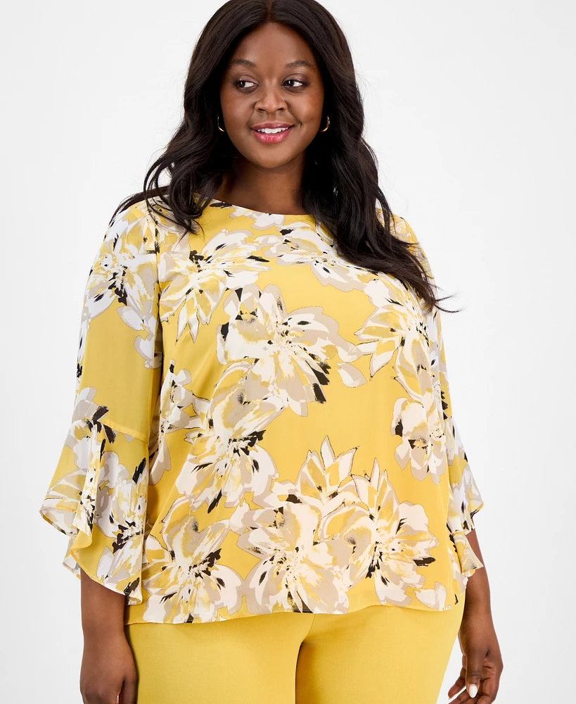 Kasper Plus Printed Ruffle-Sleeve Blouse