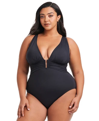 Bleu by Rod Beattie Plus Key Item Plunge Plunging-Neck Swimsuit