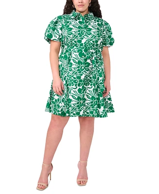 Msk Plus Printed Cotton Puff-Sleeve Belted Shirtdress