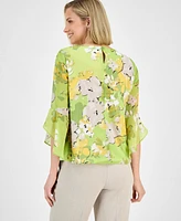 Kasper Women's Printed Ruffled Bell-Sleeve Top
