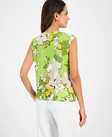 Kasper Women's Floral-Print Pleat-Neck Sleeveless Keyhole Top