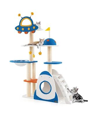 Space-Themed Cat Tree with Multi-Level Tower & Covered Scratching Posts Fun Playhouse for Cats