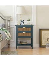 2 Drawer Nightstand Bedside Table with Rattan Drawers Side Table End Table with Storage Small Nightstand with Open Shelf for Bedroom