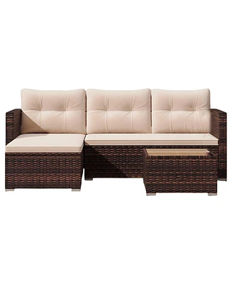 2-Piece Outdoor Wicker Furniture Set with Tempered Glass Coffee Table and Soft Cushions