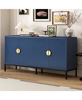 Vertical-Striped Four-Door Sideboard with Metal Legs and Semi-Circular Handles