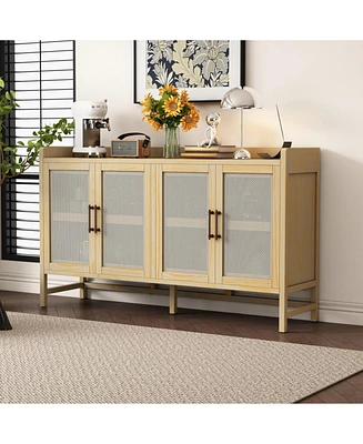 Rustic Sideboard with Decorative Rattan Doors and Adjustable Shelves for Entryway, Dining Room, or Living Room (Natural)