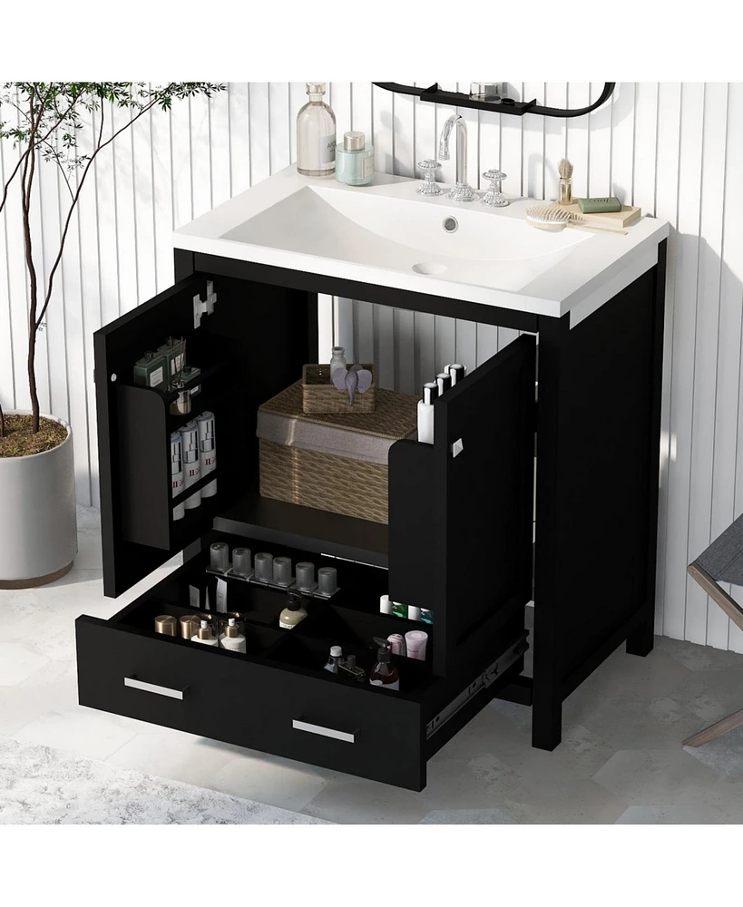 30" Black Single Sink Bathroom Vanity with Multifunctional Storage