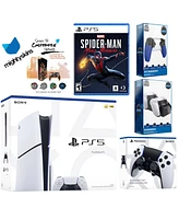 Sony Playstation 5 Slim Disc Bundle with Spider-Man: Miles Morales, Extra Edge Controller, Trigger Stop Kit, Dual Charge Dock and MightySkins Decal Vo