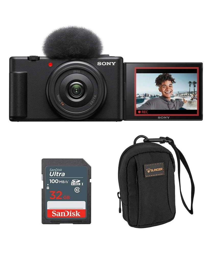 Sony Zv-1F Vlogging Camera, Black, Bundle with SanDisk Extreme 32GB Sd Card, Camera Bag for Point and Shoot Camera and Accessories, Complete Sony Digi