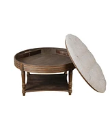 Round Waterproof Ottoman Table: Tufted Storage Coffee Table with Shelf