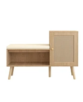 2-in-1 Shoe Bench with Cushion, Storage Shelves, and Natural Rattan