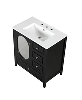 30" Bathroom Vanity with Sink, Bathroom Vanity Cabinet with Three Drawers and Door, Solid Wood and Mdf, Black