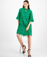 Anne Klein Women's Eyelet Embroidered Cotton Flare-Sleeve Shirtdress