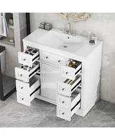 36" Bathroom Vanity with Sink Combo, One Cabinet and Six Drawers, Solid Wood and Mdf Board, White