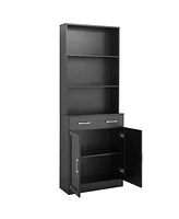 Bathroom Storage Cabinet, Cabinet with Two Doors and Drawers, Adjustable Shelf, Three-layer Open Shelf, Mdf Board, Black