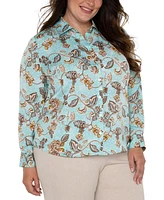 Liverpool Plus Floral-Print Woven Button Blouse