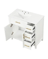 36" White Bathroom Vanity with Solid Wood and Mdf Cabinet, Sink Top, 2 Doors, 3 Drawers