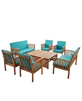 Outdoor Acacia Wood Sofa Set with Water Resistant Cushions, 8-Pcs Set