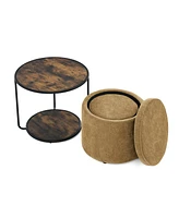 Ottoman with Table & Drum Stool, Multi-Functional w/ Storage - Dark Yellow