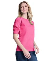 Jones New York Women's Stitch Puff Sleeve Crewneck Sweater