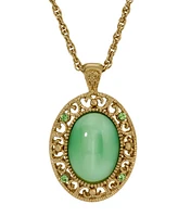 2028 Gold Tone Green Moonstone Crystal Oval Pendant Necklace