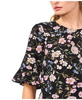 CeCe Women's Floral Crewneck 3/4-Sleeve Ruffled Cuff Blouse