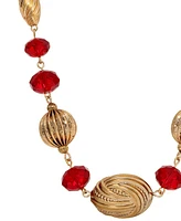 2028 Gold-Tone Red Glass Bead Necklace