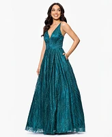 Blondie Nites Juniors' Glitter-Mesh Cut-Out Gown