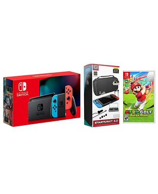 Nintendo Switch 32GB Console Neon Red/Blue Joy-Con Bundle with Surge 11-In-1 Accessory Starter Pack and Mario Golf Super Rush