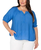 Liverpool Plus Woven Split-Neck Puff-Sleeve Blouse