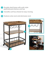 35-Inch 3-Tier Industrial Rolling Bar Cart for the Home - Wine and Glass Rack