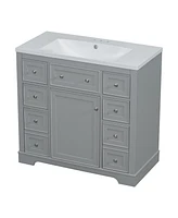 36" Bathroom Vanity with Sink Combo, One Cabinet and Six Drawers, Solid Wood and Mdf Board, Grey