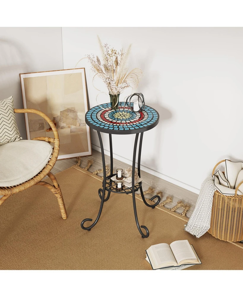 Patio Side Table with Shelf,Blue+Black