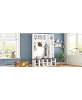 Farmhouse Hall Tree with 6 Hooks, Adjustable Shelves, Shoe Cabinet, Mudroom Storage, 76.7