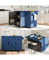 Navy Blue 51" Wave Kitchen Island with Drop Leaf and Storage