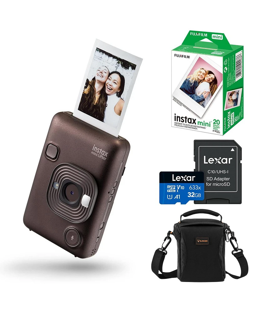 Fujifilm Instax Mini LiPlay Hybrid Instant Camera, Deep Bronze, Bundle with 20 Exposures Film Pack, 32GB Uhs-i microSDHC Memory Card and Shoulder Bag