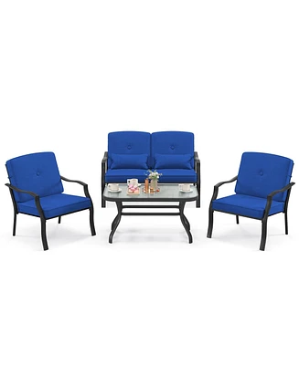 4 Pieces Outdoor Conversation Set with Seat Back Cushions and Waist Pillows