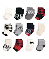 Hudson Baby Cotton Rich Terry Socks 24-Pack, Buffalo Plaid Moose, 0-6 Months