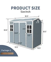8x4ft Resin Outdoor Storage Shed with Two-Window and Double-Door,Plastic Shed with Floor for Gargen,Patio,Yard,Lawn,Grey