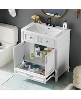 30" Resin Sink Vanity with Solid Wood Frame Cabinet, Retro White