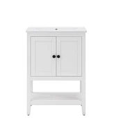 24" White Modern Sleek Bathroom Vanity Elegant Ceramic Sink with Solid Wood Frame Open Style Shelf