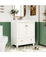 30" Bathroom Vanity with Sink, Combo, Cabinet with Doors and Drawer, Solid Frame and Mdf Board, White