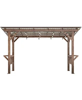 13' x 6.5' Wooden Pergola Grill Gazebo with Metal Roof & Bulbs & Bar Counters