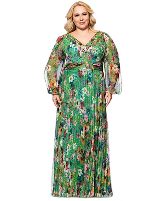 Betsy & Adam Plus Printed Mynra Pleated Long Dress