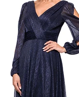 Betsy & Adam Petite Long-Sleeve V-Neck Crinkle Gown