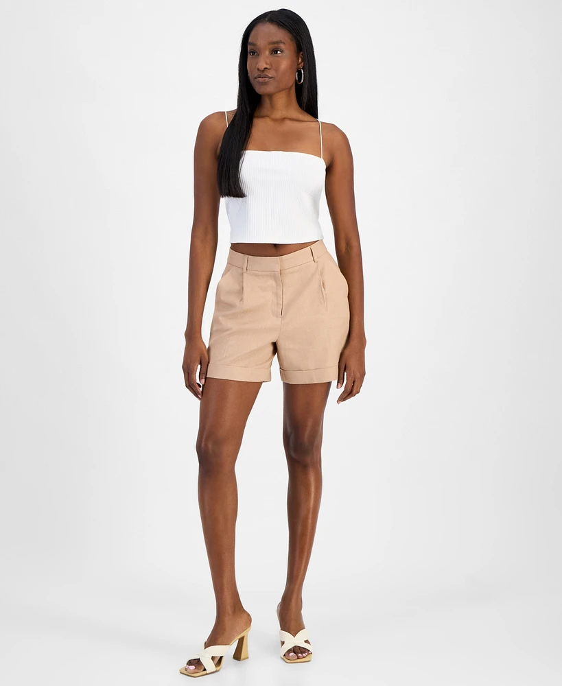 Bar Iii Women's Cuffed Linen-Blend Pleat-Front Shorts