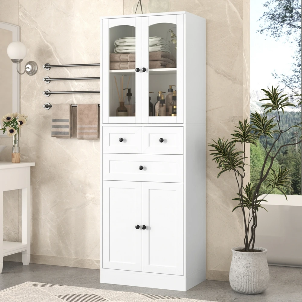 Tall Bathroom Storage Cabinet, Cabinet with Four Doors and Drawers, Adjustable Shelf, Mdf Board, White